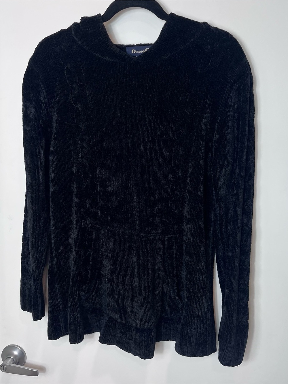 Denim & Co. Y2K Rib Chenille Pullover Hooded Sweater Black Plush Hoodie Medium